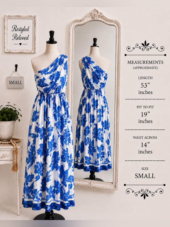 YH & CO Dresses & Skirts - NWT YH & CO Naomi One Shoulder Blue Floral Midi Dress Size Small